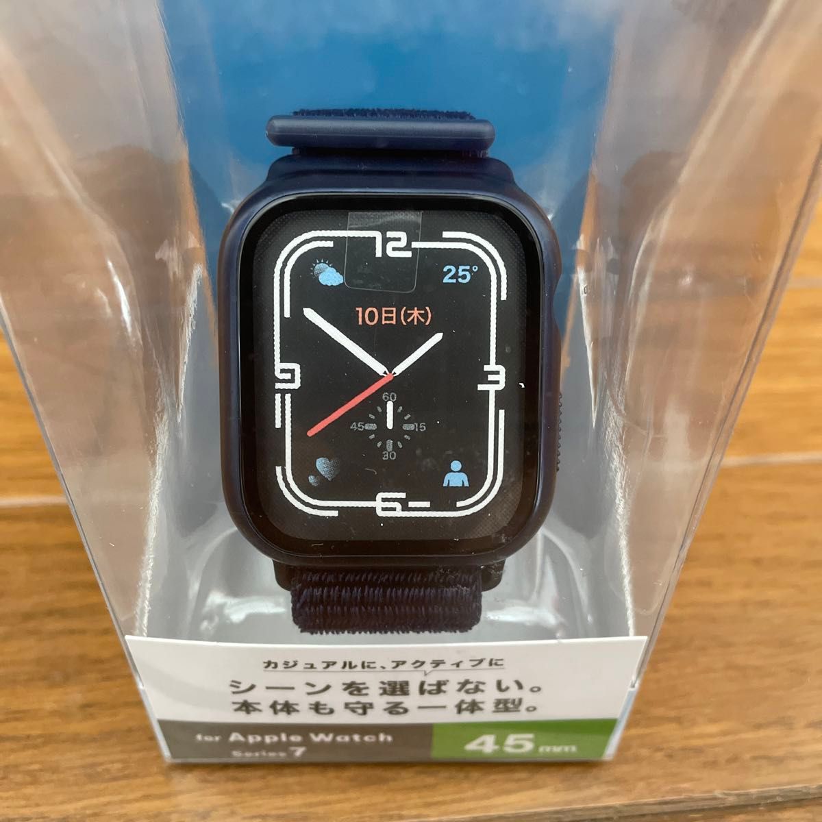 Apple Watch series7 45mm フルカバーケース ガラス バンド一体型 ファブリック ネイビー