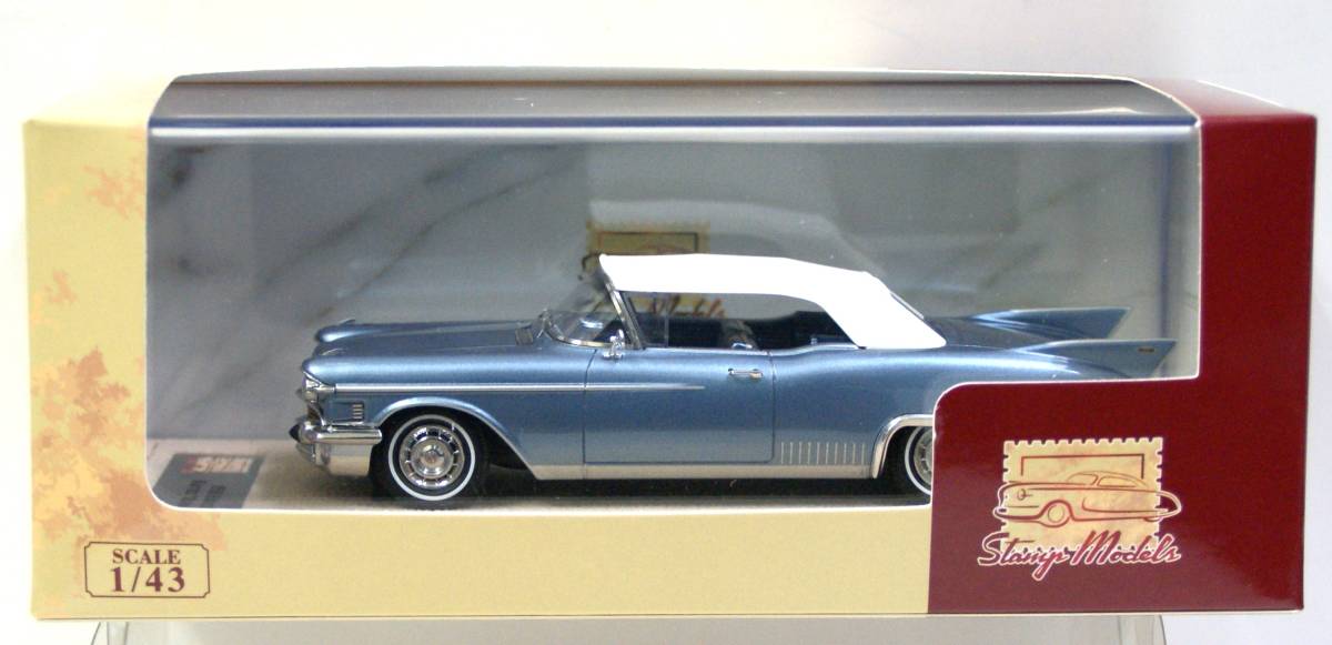 【スタンプモデル】1/43 キャデラック エルドラド ビアリッツ 'レインドロップ' プロトタイプ 1958年 ブルーメタリックのレジン製ミニカー_専用パッケージ＆クリヤケース入り。