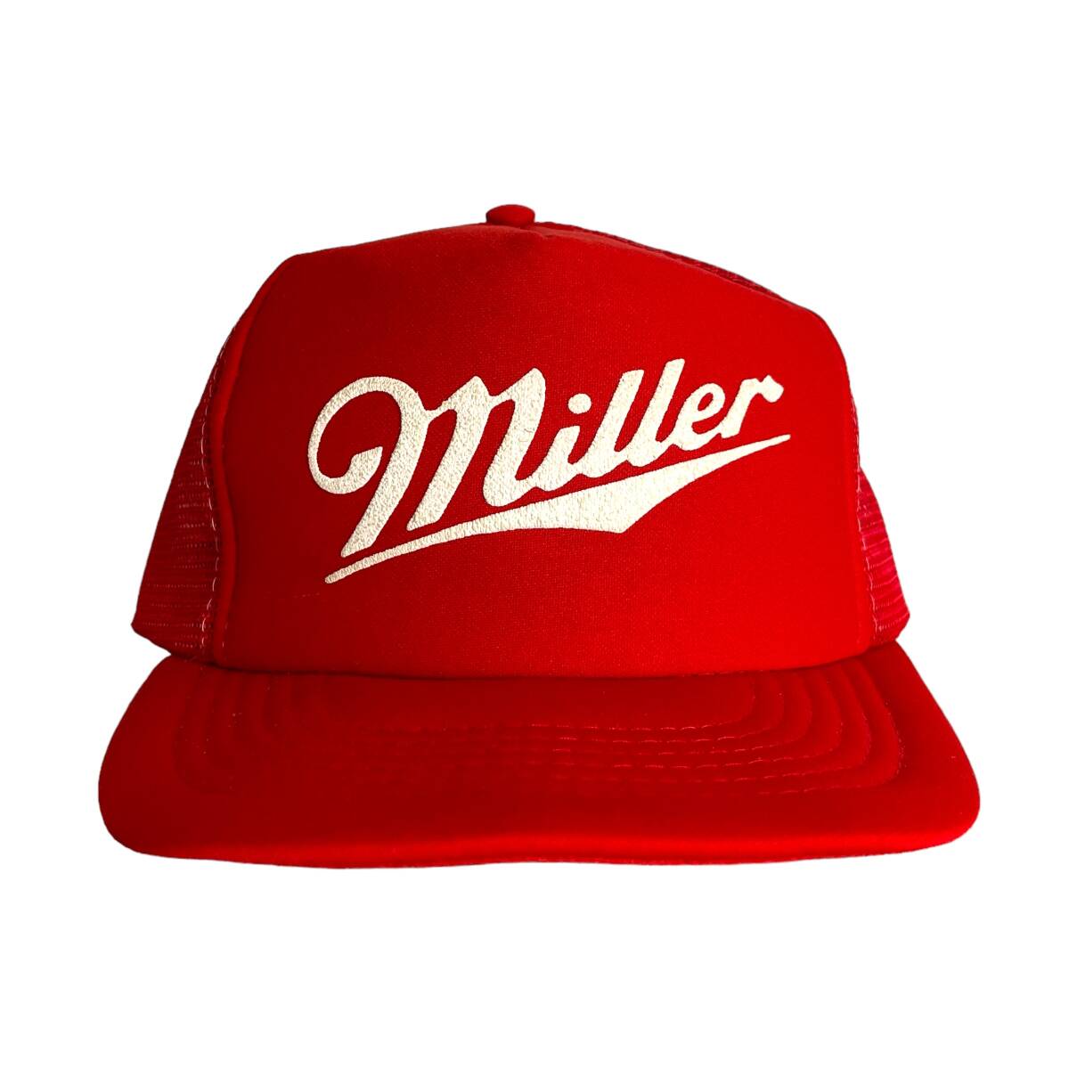 【キャップ / 帽子】Miller Beer (ミラー)　ビンテージ　メッシュキャップ　ラバープリント　Sportcap製　レッド　赤　ホワイト　白　古着_画像1