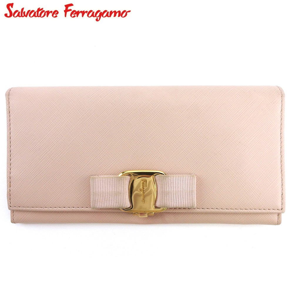  Salvatore Ferragamo long wallet fastener attaching purse lady's vala ribbon pink gold used 