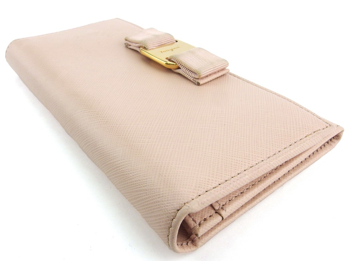  Salvatore Ferragamo long wallet fastener attaching purse lady's vala ribbon pink gold used 