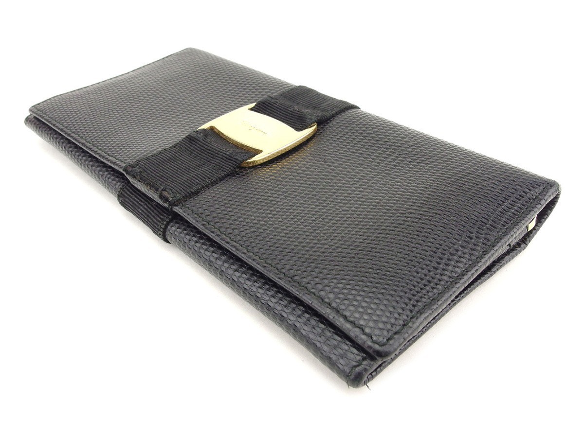  Salvatore Ferragamo long wallet fastener attaching long wallet lady's vala metal fittings black used 