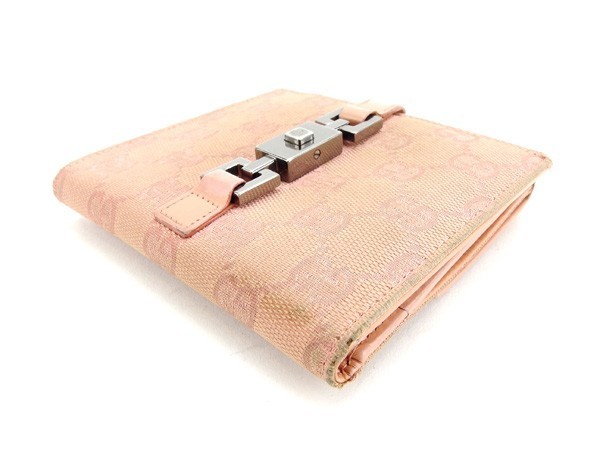 グッチ 二つ折り財布 レディース ジャッキー金具×GG柄 ピンク 中古_画像3