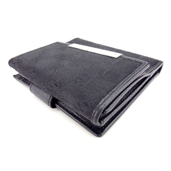 グッチ Wホック財布 二つ折り コンパクトサイズ レディース ロゴプレート付き ＧＧキャンバス ブラック×シルバー 中古_画像4