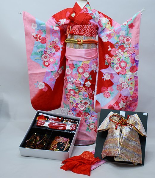  "Семь, пять, три" 7 лет женщина . кимоно полный комплект .. роскошный .. пояс оби мусуби праздничная одежда 7 лет 7 лет 7 лет девочка новый товар ( АО ) дешево рисовое поле магазин NO40550