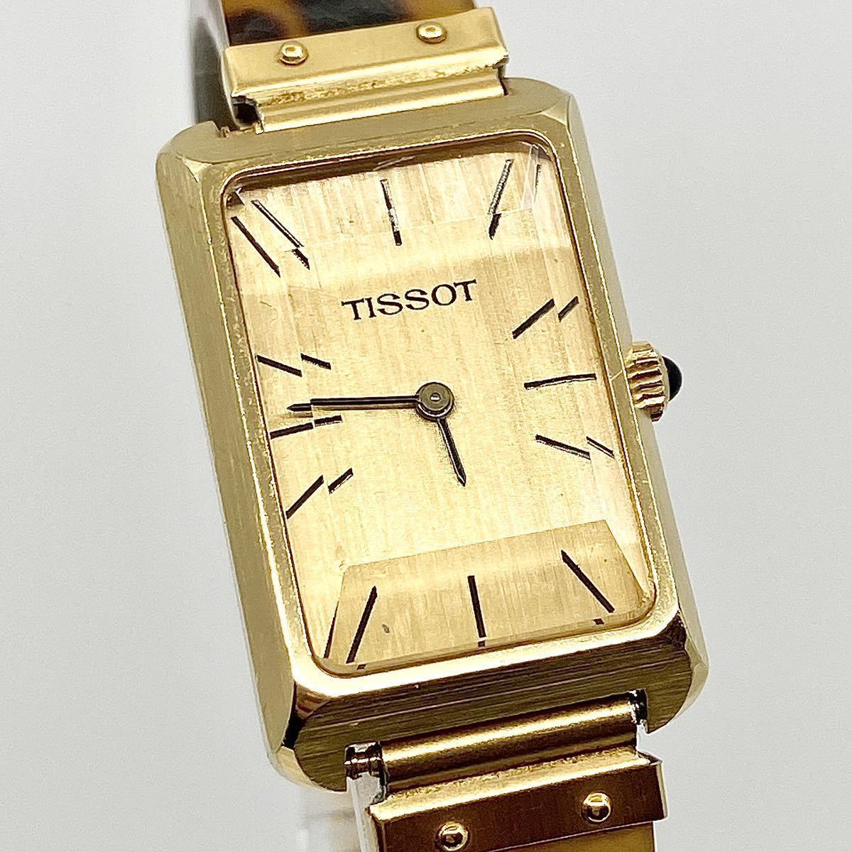 TISSOT 腕時計 手巻き式 ブレスウォッチ バングル カットガラス バーインデックス 2針 ゴールド 金 ティソ 鼈甲風 べっ甲風 Y352_画像4