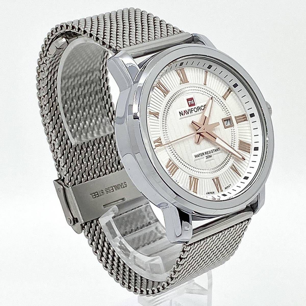 NAVIFORCE 腕時計 デイト ラウンド ローマン 3針 クォーツ quartz シルバー 銀 ナビフォース Y485の画像3