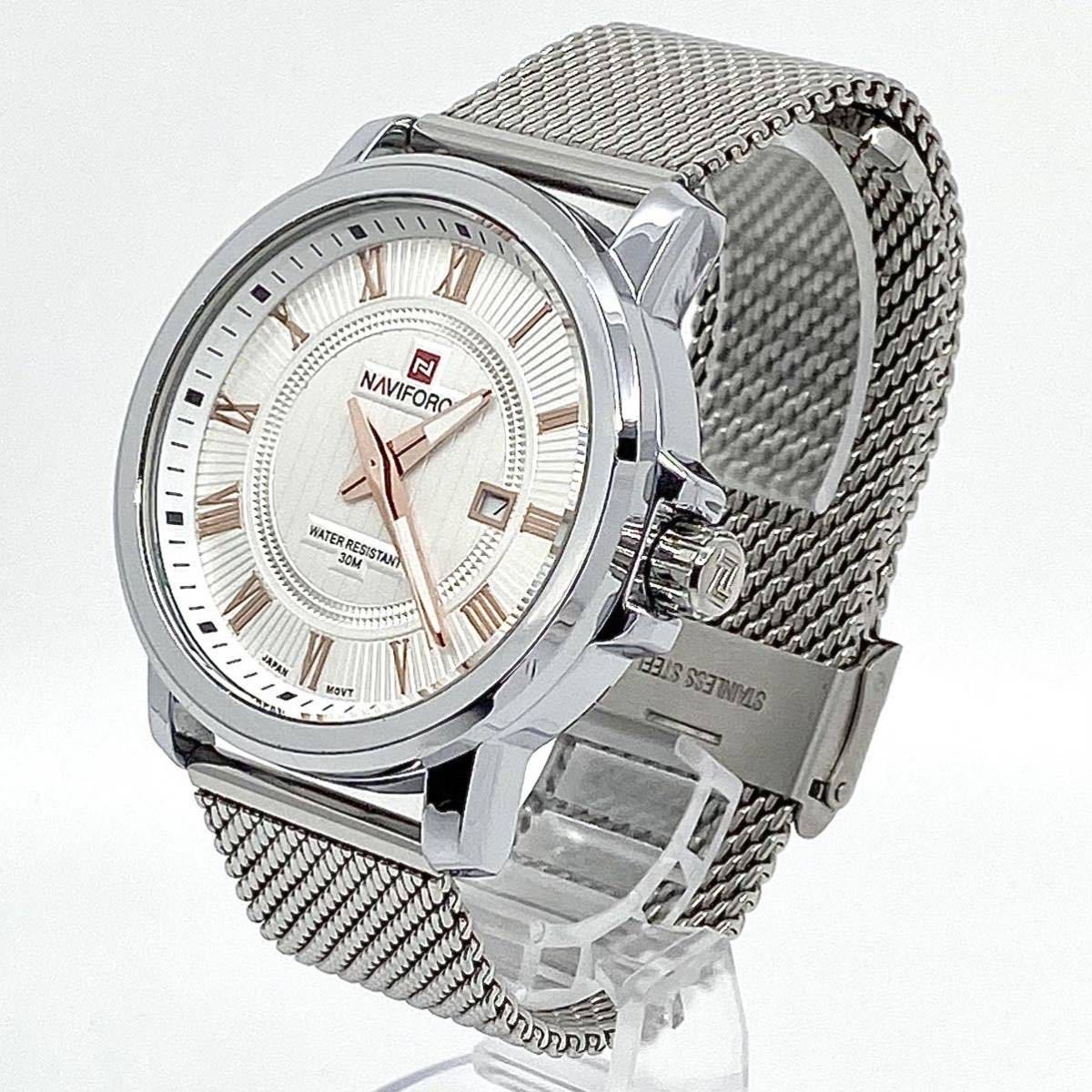 NAVIFORCE 腕時計 デイト ラウンド ローマン 3針 クォーツ quartz シルバー 銀 ナビフォース Y485の画像2