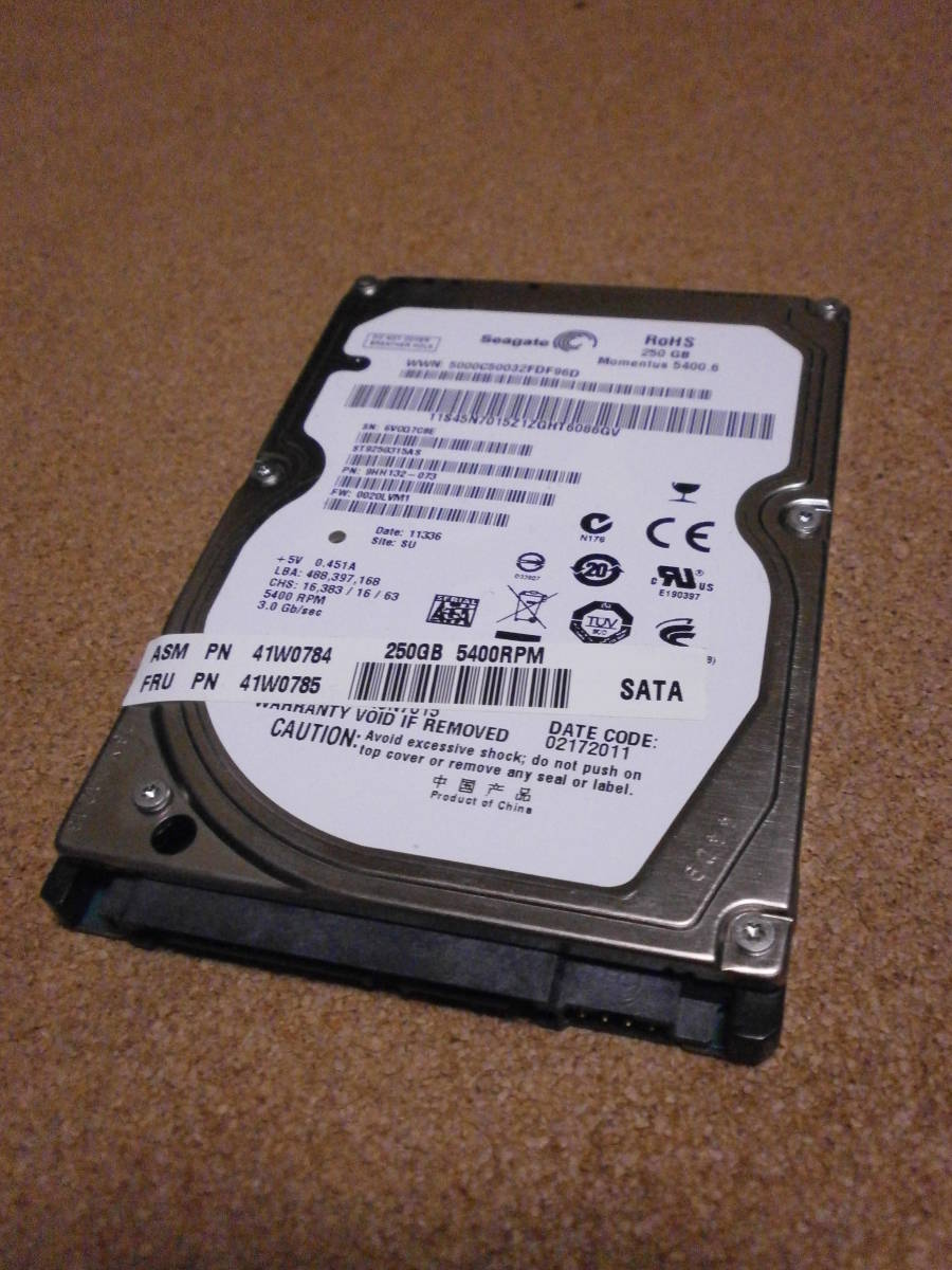 【中古】Seagate SATA 250GB HDD 5400RPM ST9250315AS SMART値画像あり _画像1