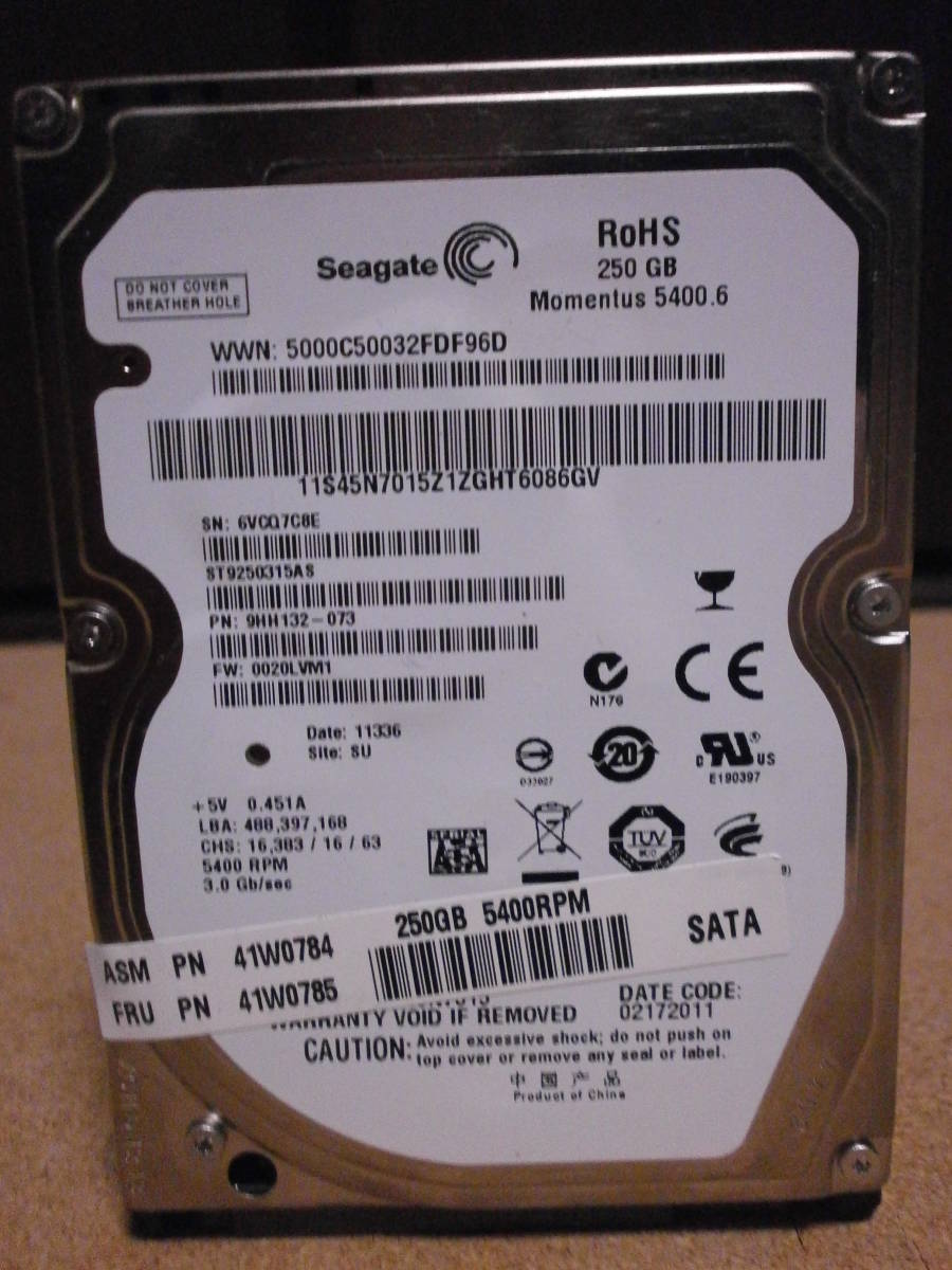 【中古】Seagate SATA 250GB HDD 5400RPM ST9250315AS SMART値画像あり _画像4