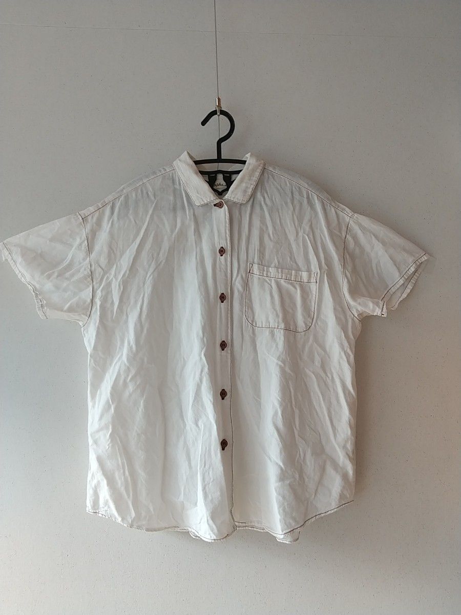 白 半袖シャツ　ブラウス　160 オフホワイト　綿　ビンテージ