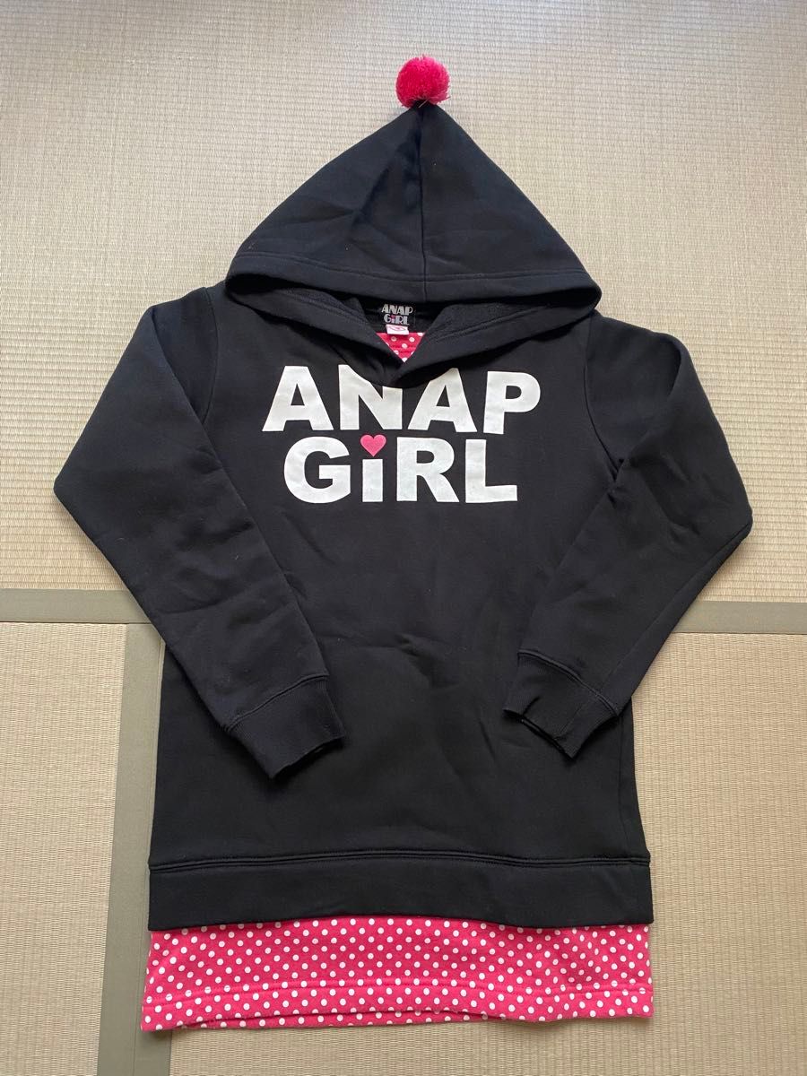 ANAP girl アナップガール パーカーワンピース フード付きワンピース 裏起毛 S 黒×ピンク USED