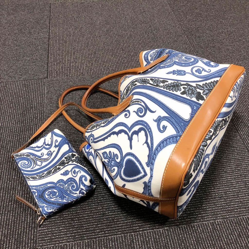 【エトロ】基準内 ETRO トートバッグ ペイズリー柄 ショルダーバッグ ハンドバッグ 着脱可能ポーチ付 キャンバス×レザー レディース 伊製の画像4