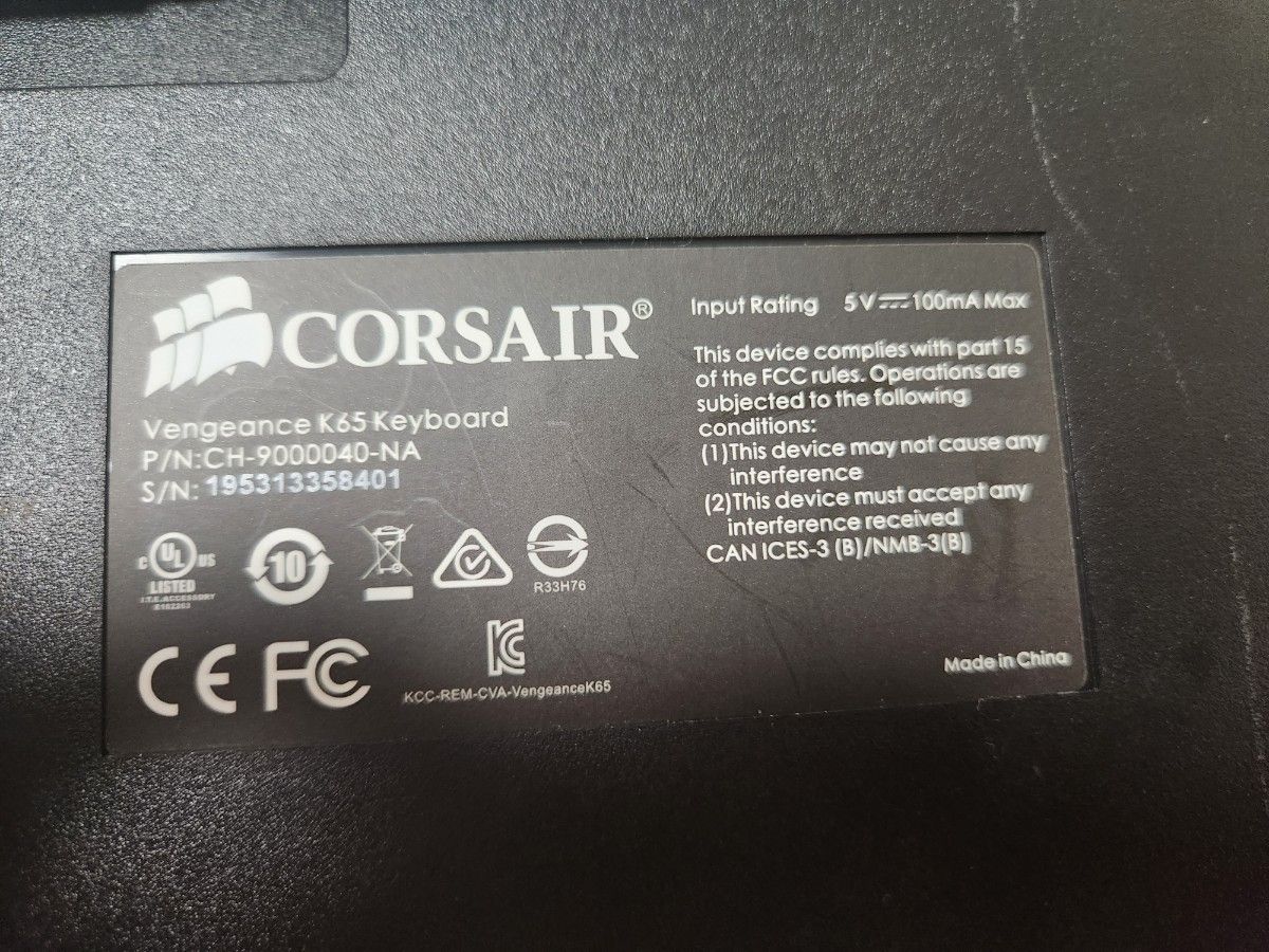 コルセア CORSAIR メカニカルキーボード テンキーレス US配列 赤軸 K65 