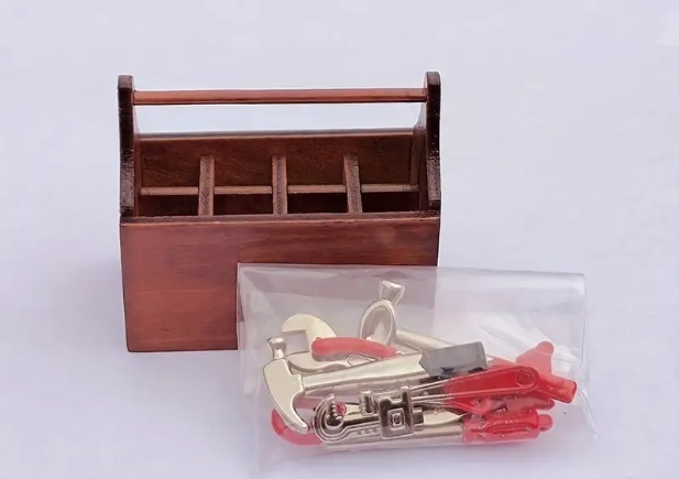 . rare *1/6 tool set 8 tool & handle attaching wooden tool box miniature tool geo llama construction .GOOD!