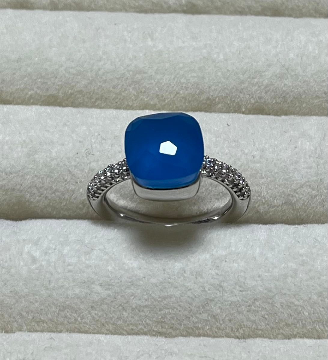 009ブルー×シルバーキャンディーリング指輪　ストーン ポメラート風ヌードリング