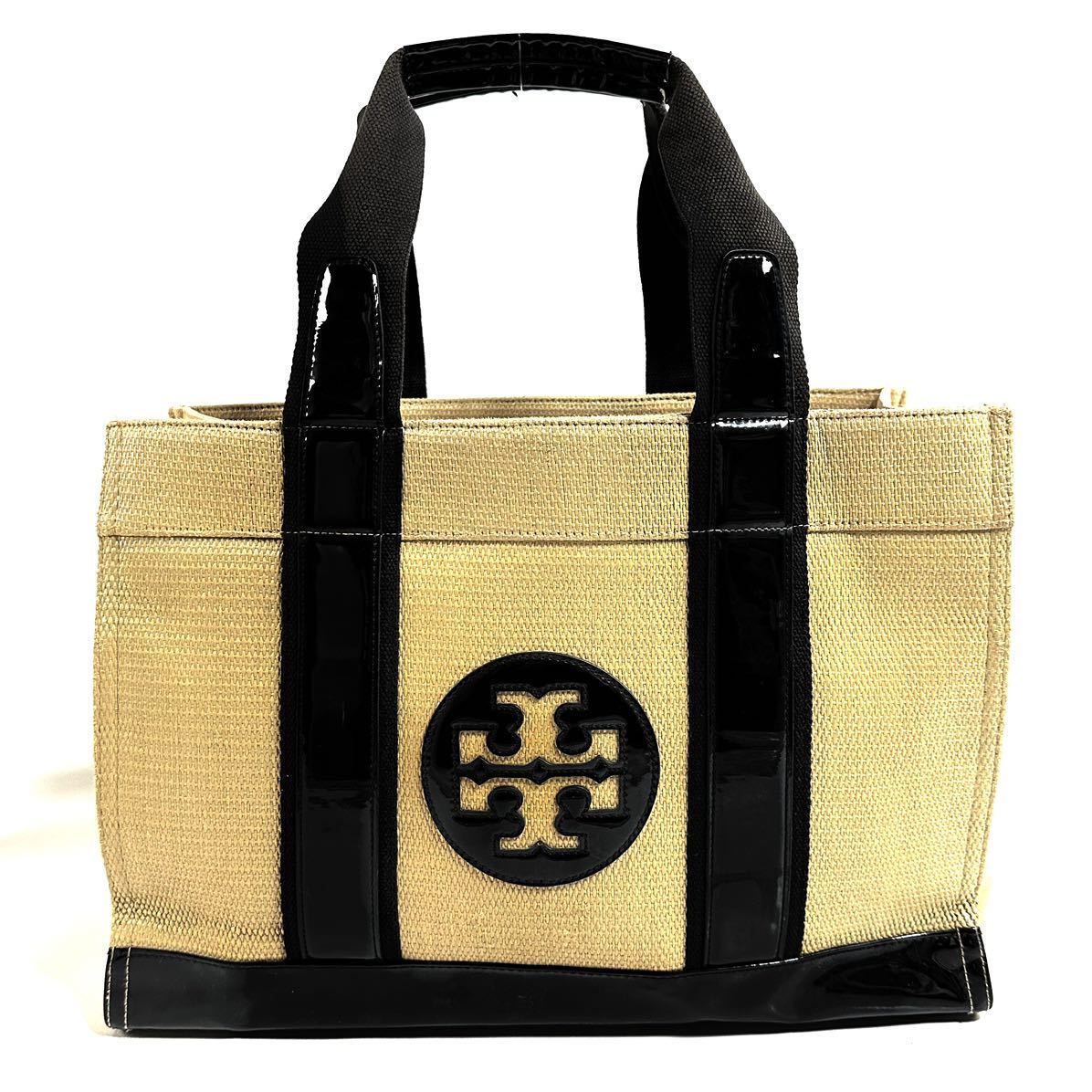 【希少品】TORY BURCH トリーバーチ エナメル パテント ザツザイ ハンドバッグ トートバッグ ベージュ ブラック A4収納可能の画像2