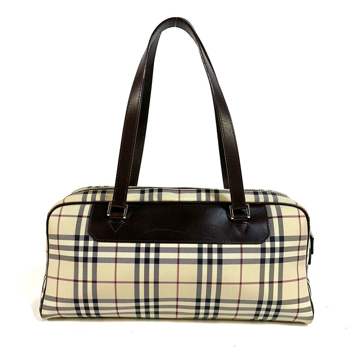 【美品】BURBERRY バーバリー ノバチェック レザー ナイロン キャンバス ハンドバッグ トート ベージュ ブラウン シルバー金具