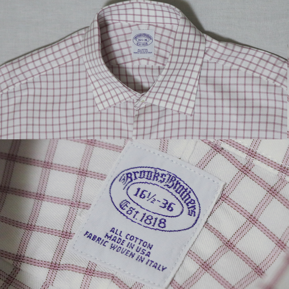 アメリカ購入品 美品 BROOKS BROTHERS ブルックスブラザーズ MADE IN USA ダブルカフス ワイドカラーシャツ 白×ピンク 16 1/2-36_画像9