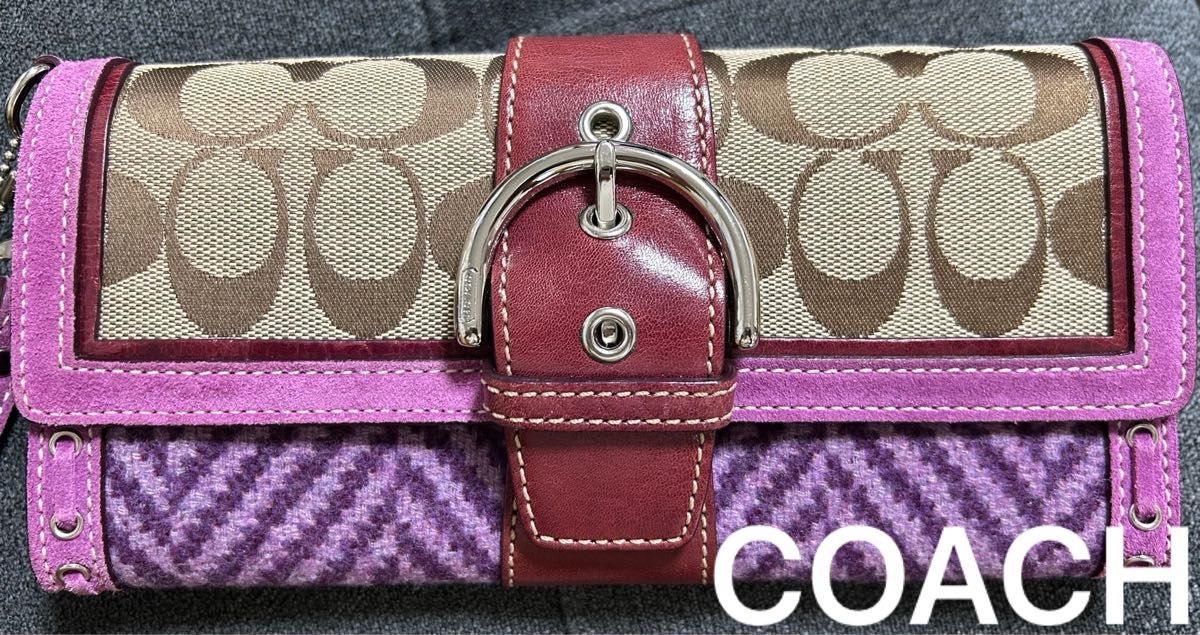 COACH コーチ　ストラップ付きポーチ　クラッチバッグ　長財布　スマホポーチ　シグネチャー　パープル　お洒落