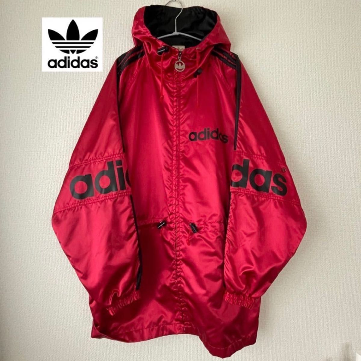 adidas 80s 銀タグ ナイロンジャケット ビッグシルエット ビッグトレフォイルロゴプリント 黒 バックロゴ 90s 赤