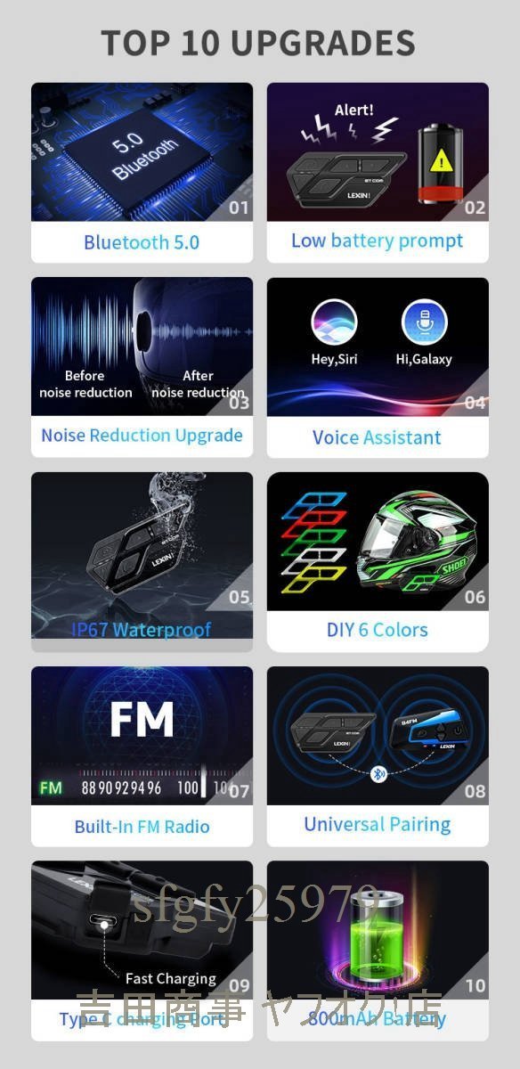 A7923☆新品Lexin 2個SET ヘルメットインターホンオートバイのbluetooth 5.0ヘッドセット内蔵fmラジオintercomunicodorモト800mahバッテリ_画像9