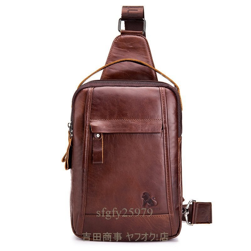 A7055 new goods body bag original leather cow leather high capacity men's leather one shoulder bag diagonal .. coffee 