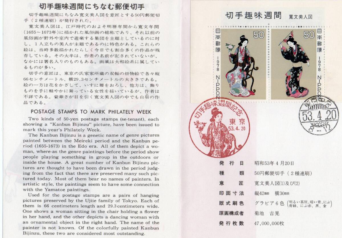 《J-476》日本 / 初日印付き解説書『切手趣味週間』 郵政省版３種_画像4