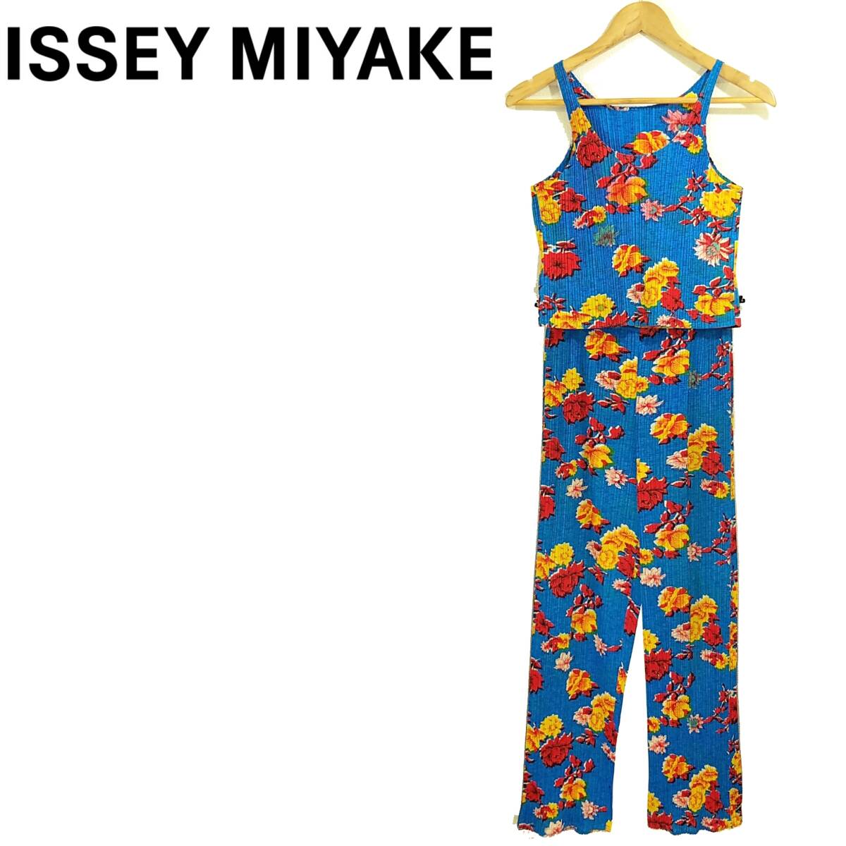  with translation ( color ..)PLEATS PLEASE no sleeve tops & pants top and bottom set floral print blue × yellow × red Issey Miyake blue pleat pulley z