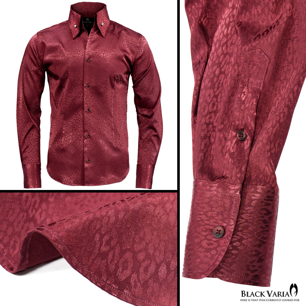 191853-winS BLACK VARIA ジャガード豹柄 スキッパー スワロフスキーBD ドレスシャツ スリム メンズ(クリスタル釦 ワイン赤) L 衣装_画像5