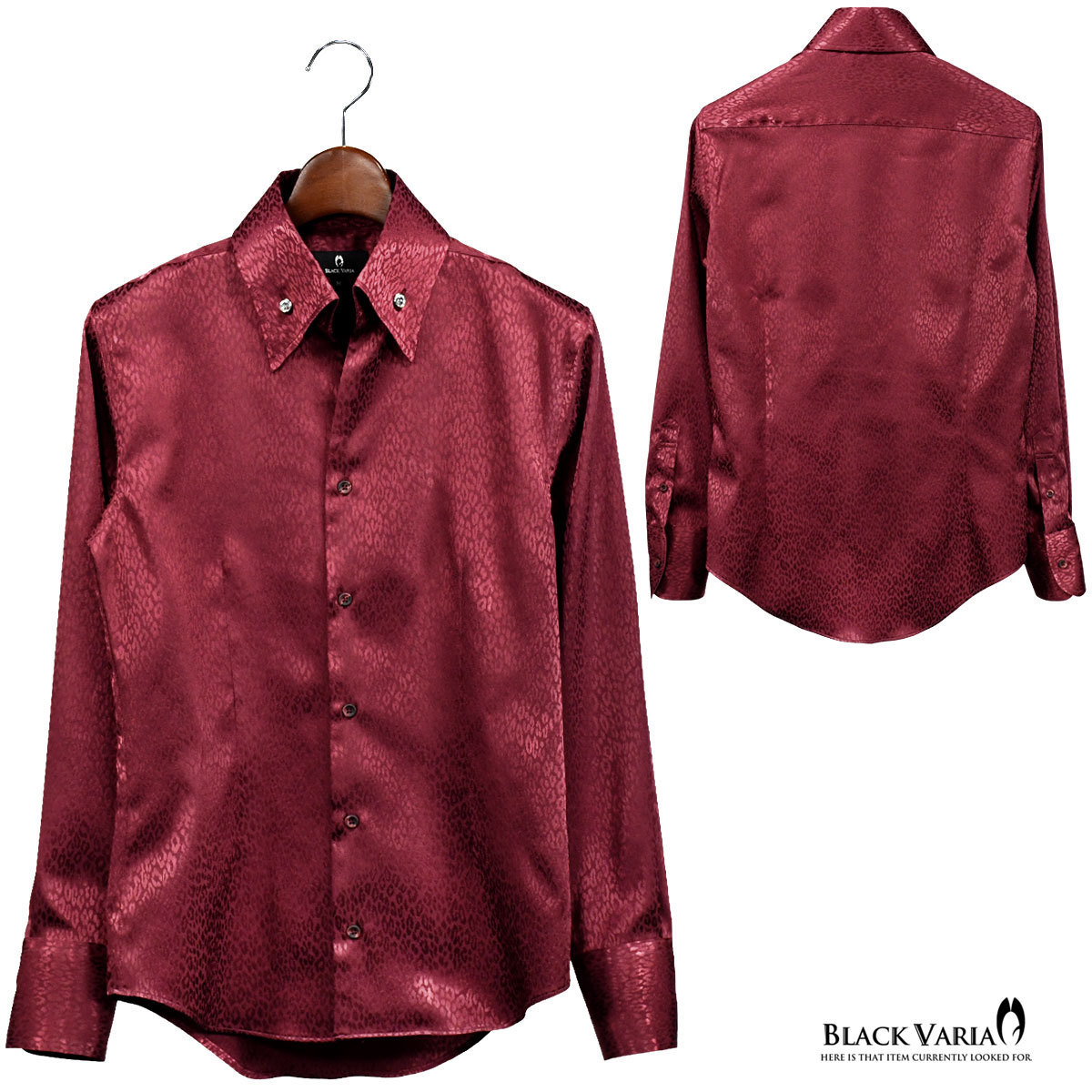 191853-winS BLACK VARIA ジャガード豹柄 スキッパー スワロフスキーBD ドレスシャツ スリム メンズ(クリスタル釦 ワイン赤) L 衣装_画像6