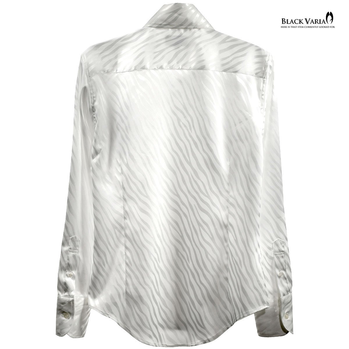 181724-wh BlackVaria サテンシャツ ドレスシャツ スキッパー ゼブラ柄 ジャガード ボタンダウン スリム メンズ(ホワイト白) XL パーティー_画像5