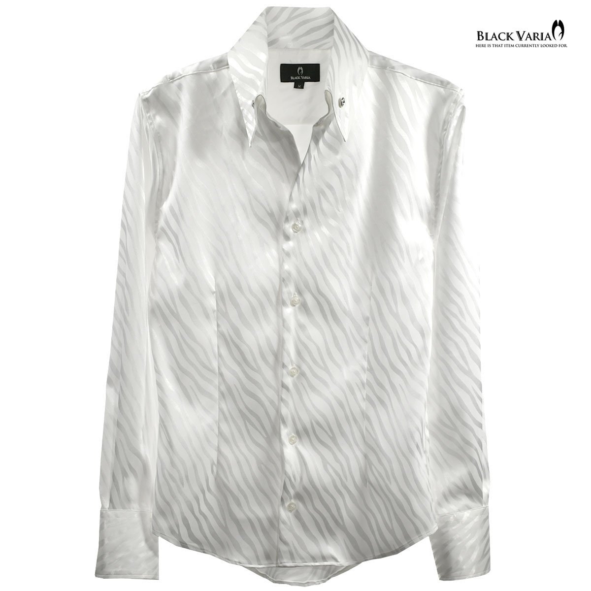 181724-wh BlackVaria サテンシャツ ドレスシャツ スキッパー ゼブラ柄 ジャガード ボタンダウン スリム メンズ(ホワイト白) XL パーティー_画像4