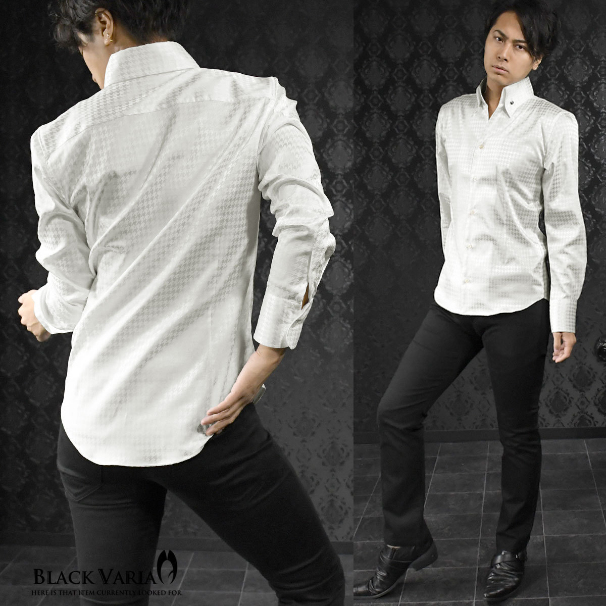 191255-whS BLACK VARIA ジャガード千鳥柄 スキッパー スワロフスキーBD ドレスシャツ スリム メンズ(クリスタル釦・ホワイト白) M_襟元ボタンはクリスタル釦です