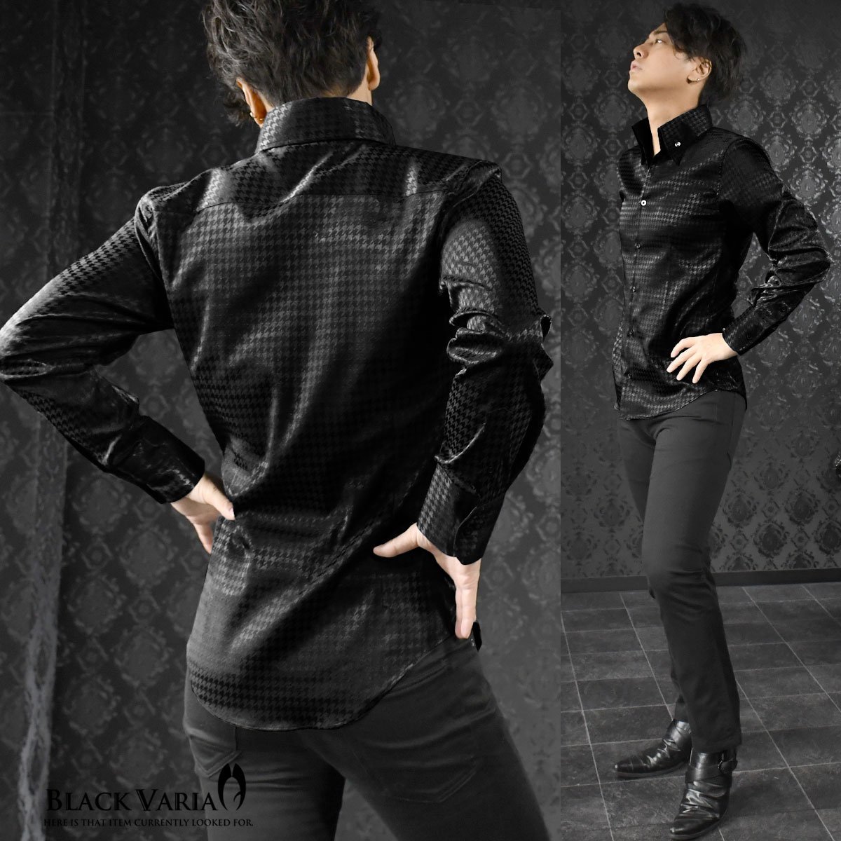 191255-bkS BLACK VARIA ジャガード千鳥柄 スキッパー スワロフスキーBD ドレスシャツ スリム メンズ(クリスタル釦・ブラック黒) L_襟元ボタンはクリスタル釦です