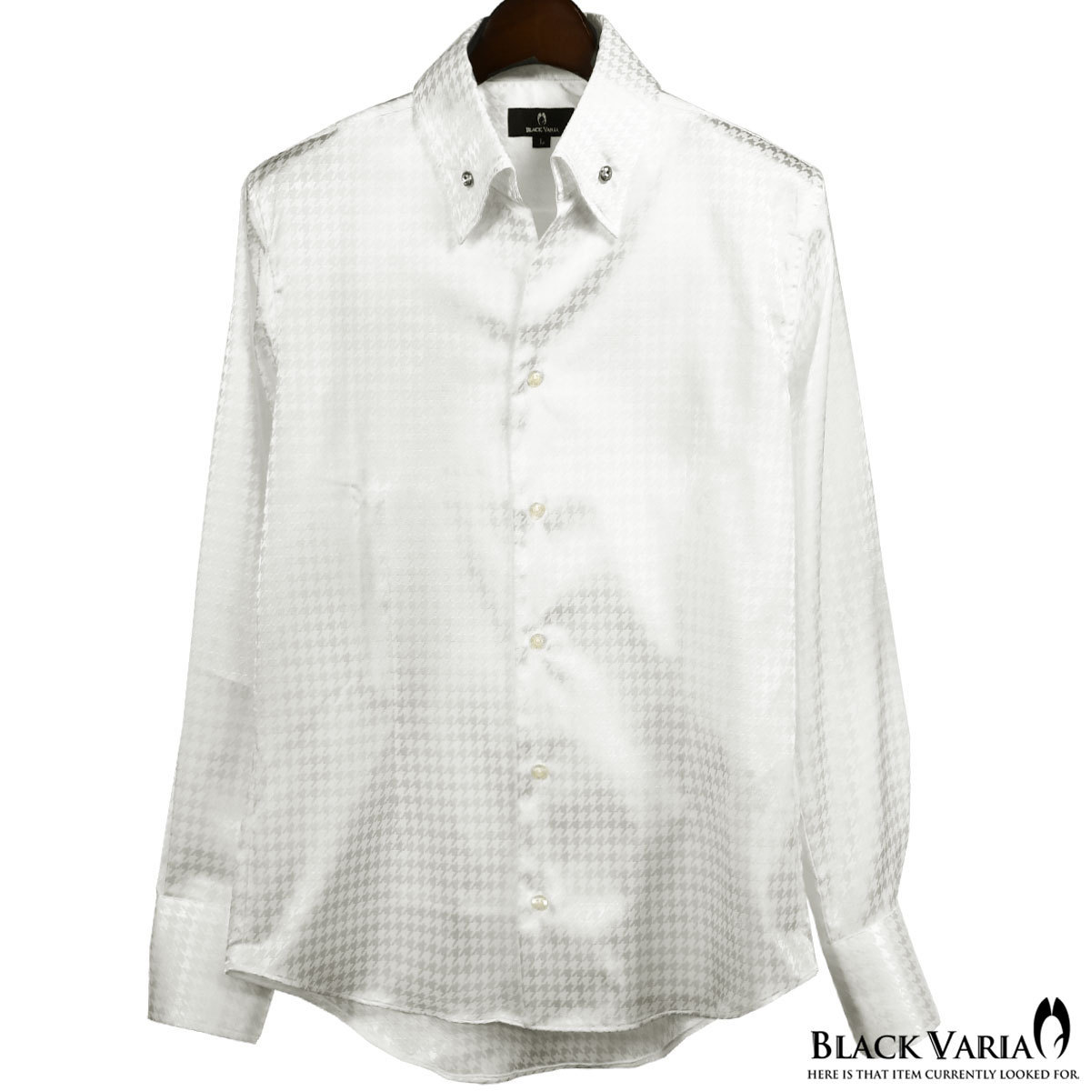 191255-whS BLACK VARIA ジャガード千鳥柄 スキッパー スワロフスキーBD ドレスシャツ スリム メンズ(クリスタル釦・ホワイト白) XL_襟元ボタンはクリスタル釦です