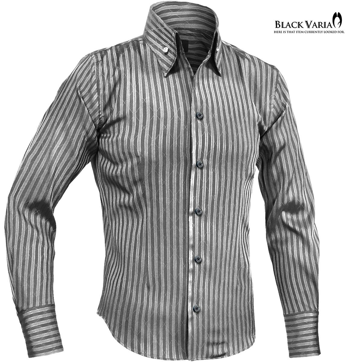 191852-gyS BLACK VARIA ストライプ織柄 スキッパー スワロフスキー ドレスシャツ スリム メンズ(ブラックダイヤ釦 グレー灰シルバー銀) XL_ブラックダイヤ釦