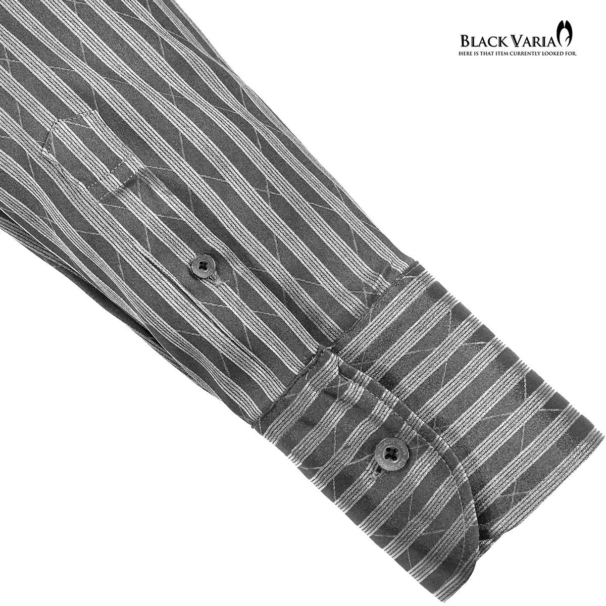 191852-gyS BLACK VARIA ストライプ織柄 スキッパー スワロフスキー ドレスシャツ スリム メンズ(ブラックダイヤ釦 グレー灰シルバー銀) M_ブラックダイヤ釦