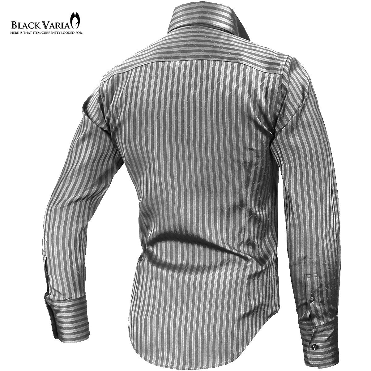 191852-gyS BLACK VARIA ストライプ織柄 スキッパー スワロフスキー ドレスシャツ スリム メンズ(ブラックダイヤ釦 グレー灰シルバー銀) M_ブラックダイヤ釦