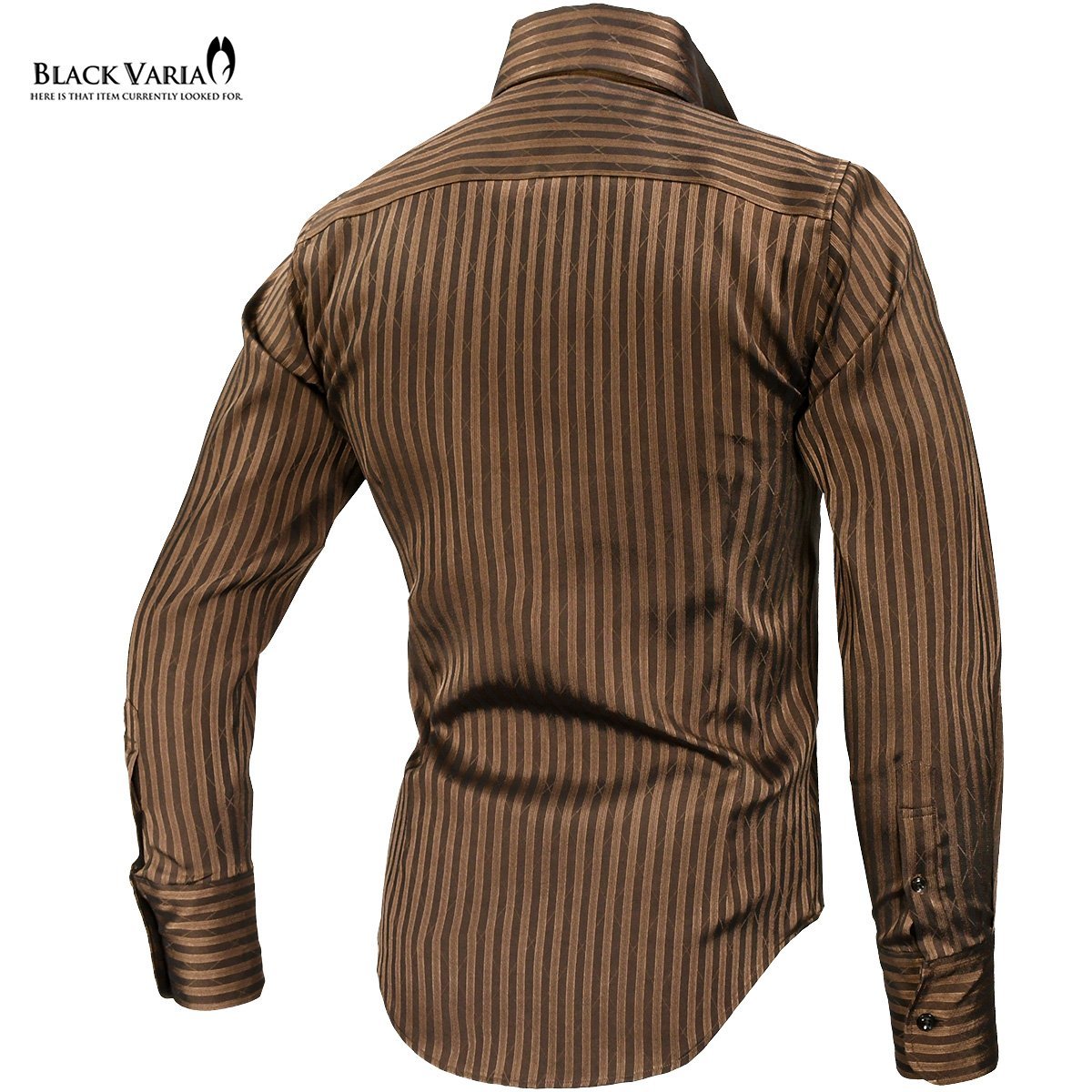 191852-brS BLACK VARIA ストライプ織柄 スキッパー スワロフスキーBD ドレスシャツ スリム メンズ(ブラックダイヤ釦 ブラウン茶) L_襟元ボタンはブラックダイヤです