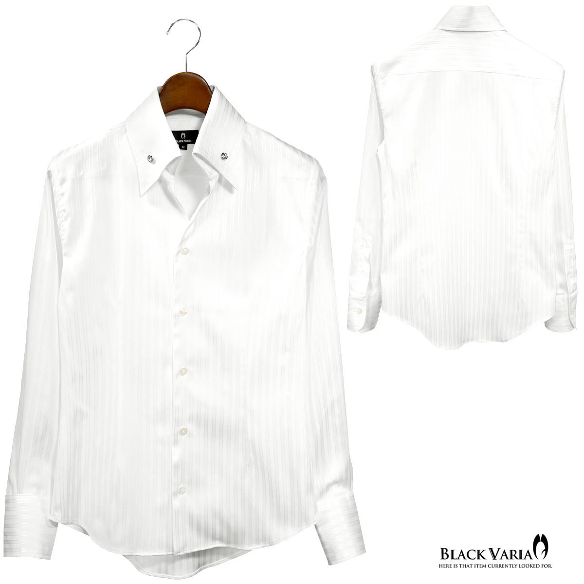 191852-wh BLACK VARIA ジャガードストライプ スキッパー クリスタルボタン ドレスシャツ メンズ(ホワイト白) L 結婚式 二次会 細身_画像6