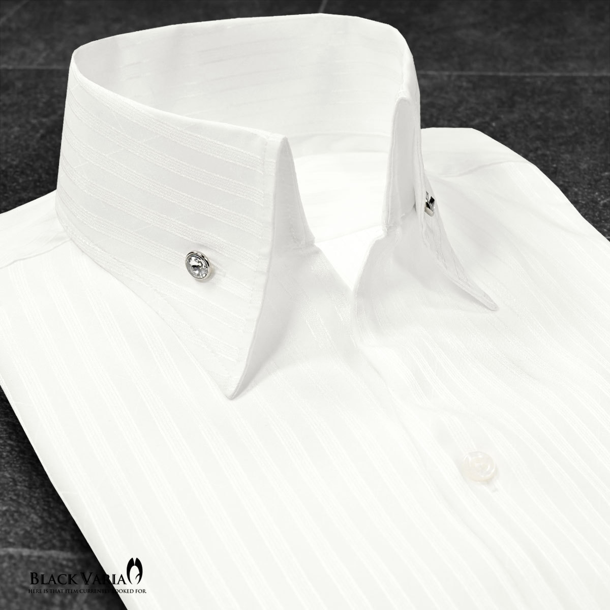191852-wh BLACK VARIA ジャガードストライプ スキッパー クリスタルボタン ドレスシャツ メンズ(ホワイト白) L 結婚式 二次会 細身_画像1