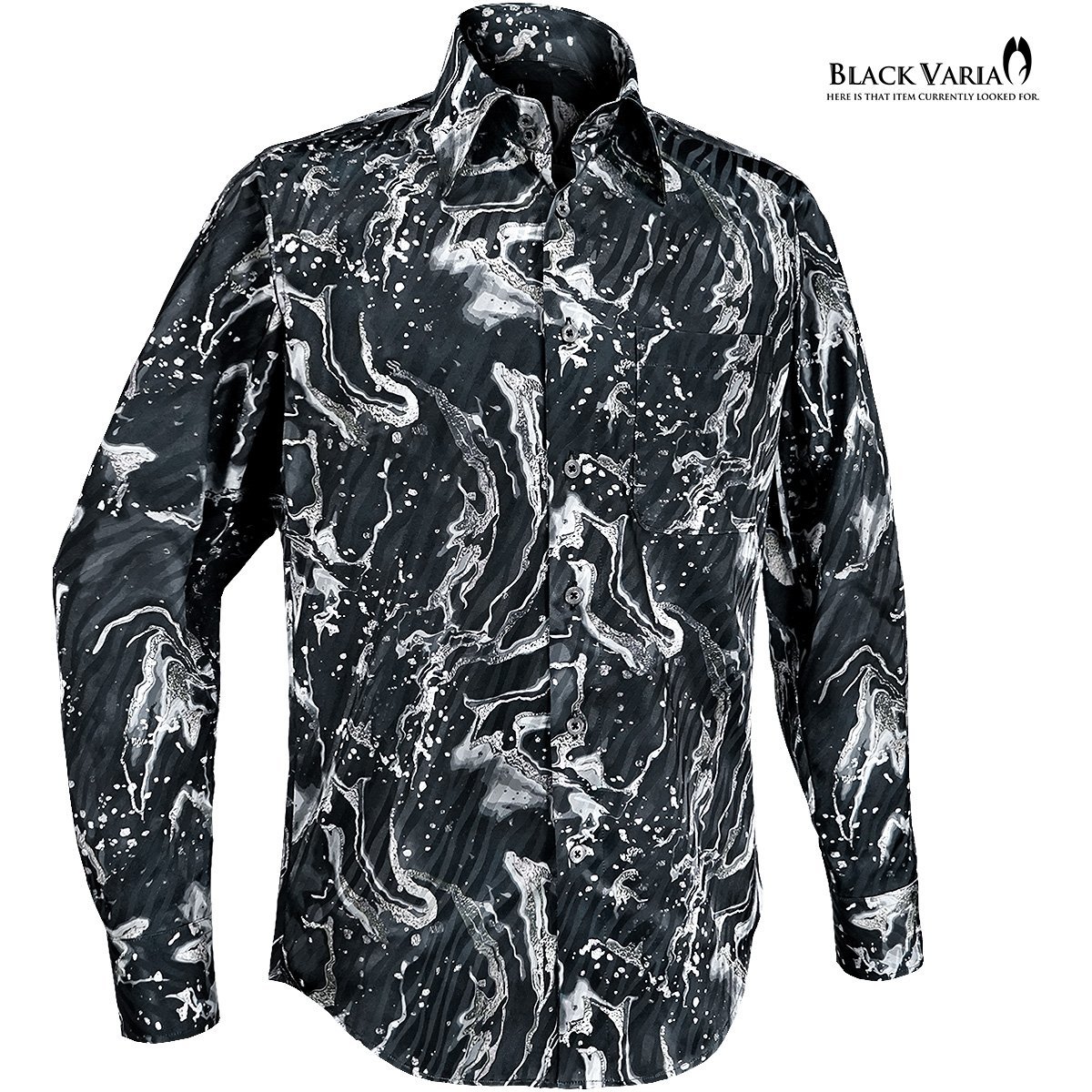 a231900-bk BlackVaria サテンシャツ ドゥエボットーニ 水面 波柄 ドレスシャツ 長袖レギュラーカラー ジャガード メンズ(ブラック黒) M_画像2