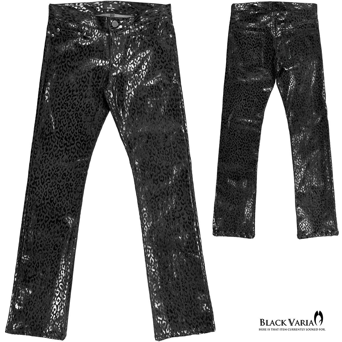 212751-bk BlackVaria ロングパンツ 箔プリント 豹柄 ブーツカット 日本製 ローライズ ボトムス シューカット メンズ(ブラック黒) 3L33 _画像6