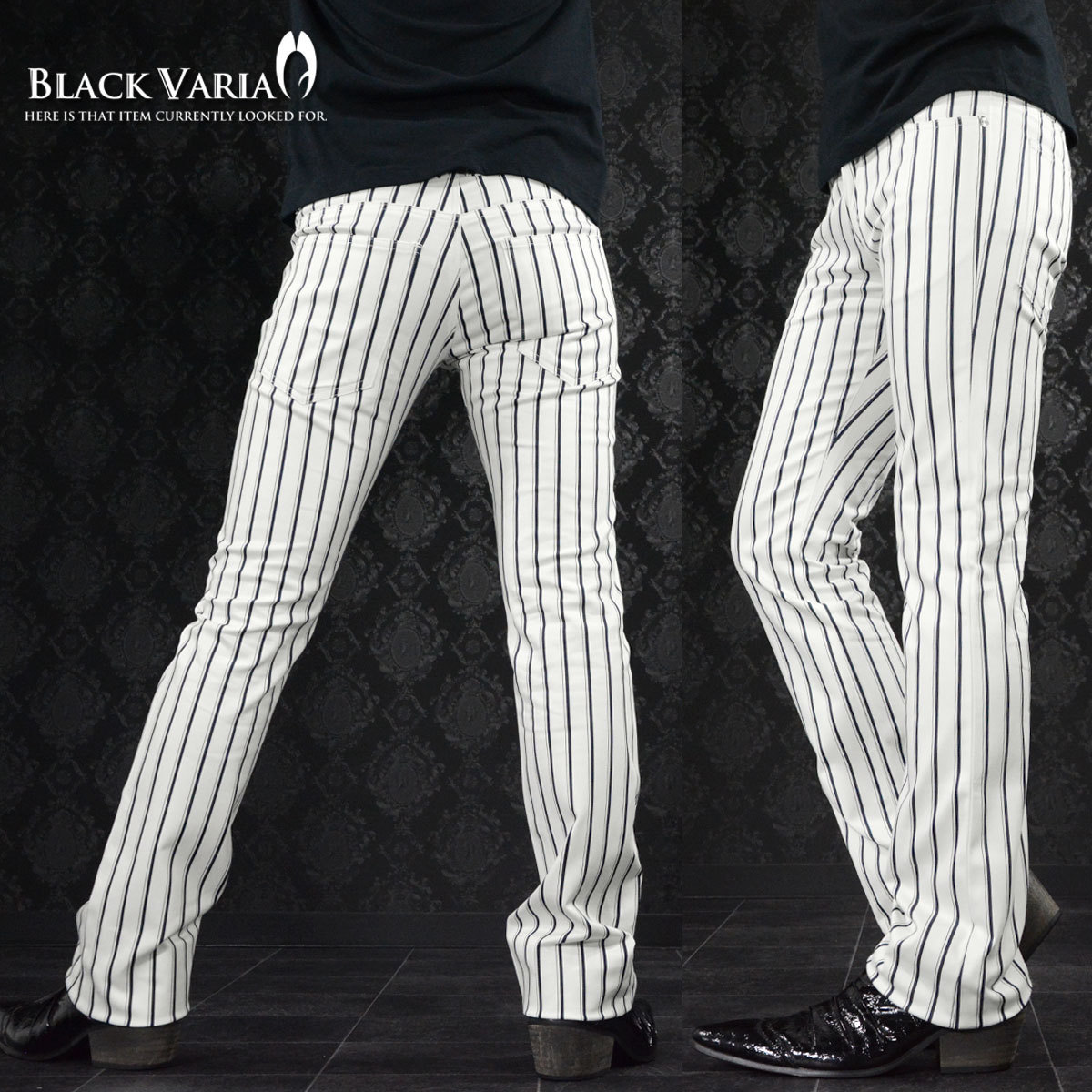 0#933714-wh [SALE] BLACK VARIA シンプルストライプ スリム ブーツカットパンツ メンズ (ホワイト白ブラック黒) S29 日本製 きれいめ_画像6