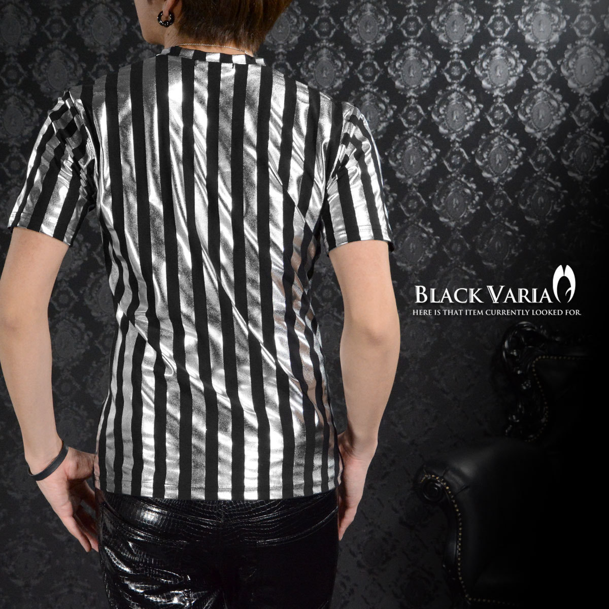 9#163919-sif BLACK VARIA ロンドンストライプ 縦縞 箔 光沢 Vネック 半袖VネックTシャツ メンズ(太シルバー銀ブラック黒) L ダンス 衣装_画像5