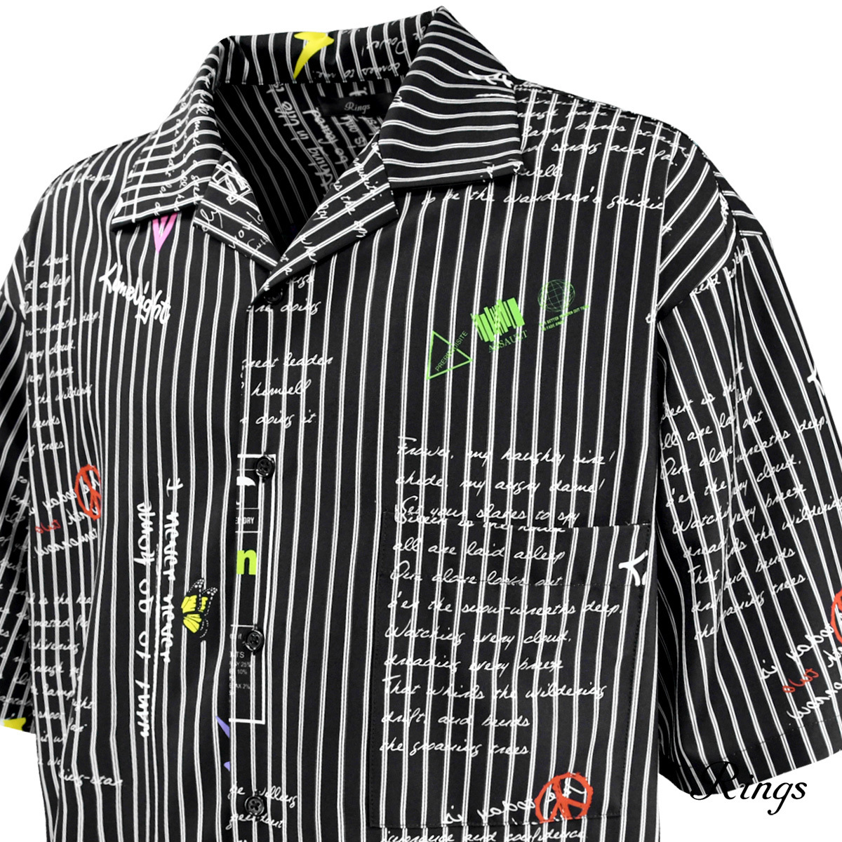 121716-99 オープンシャツ 総柄ストライプ ドロップショルダー オーバーサイズ 半袖シャツ メンズ(ブラック黒) 48 開襟 ビッグシルエット_画像3