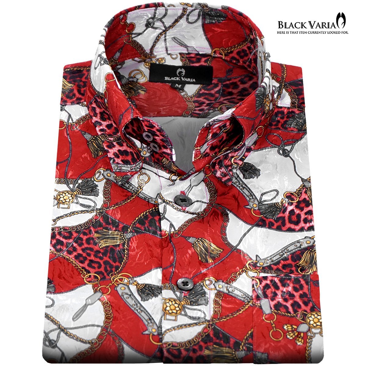 181718-re BLACK VARIA ドゥエボットーニ 豹ヒョウ×鎖スカーフ柄 スナップダウン ジャガードドレスシャツ メンズ(レッド赤) L パーティー_画像7
