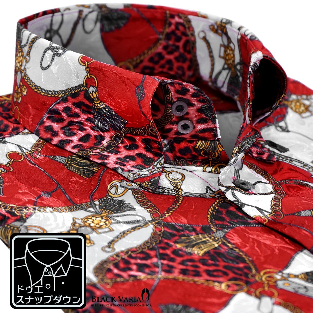 181718-re BLACK VARIA ドゥエボットーニ 豹ヒョウ×鎖スカーフ柄 スナップダウン ジャガードドレスシャツ メンズ(レッド赤) L パーティー_画像1