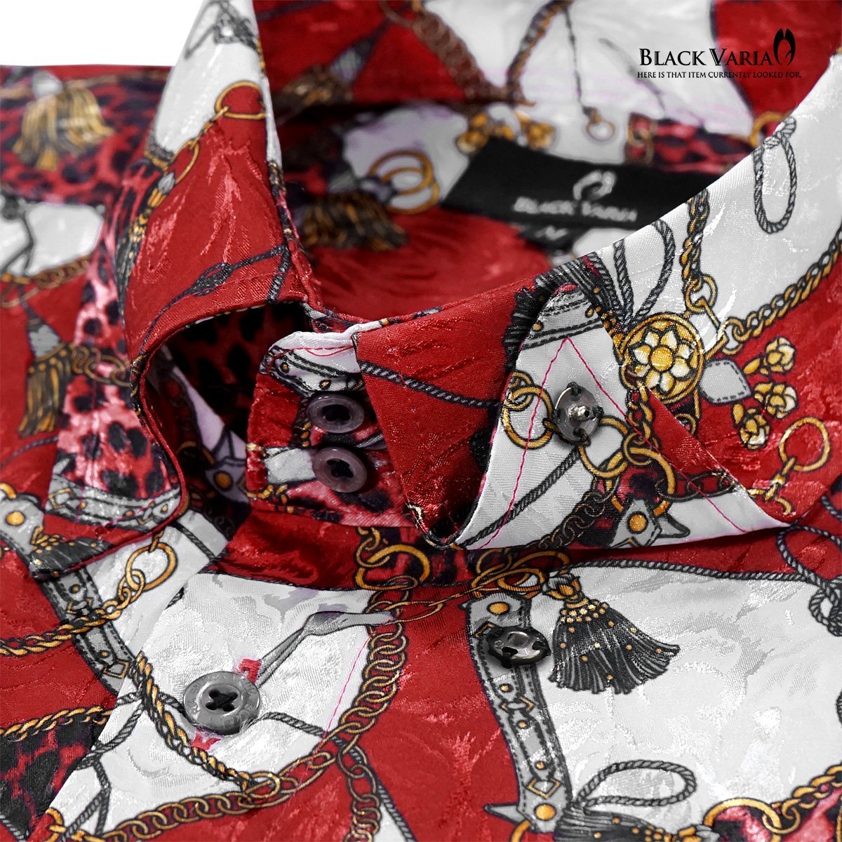181718-re BLACK VARIA ドゥエボットーニ 豹ヒョウ×鎖スカーフ柄 スナップダウン ジャガードドレスシャツ メンズ(レッド赤) L パーティー_画像2